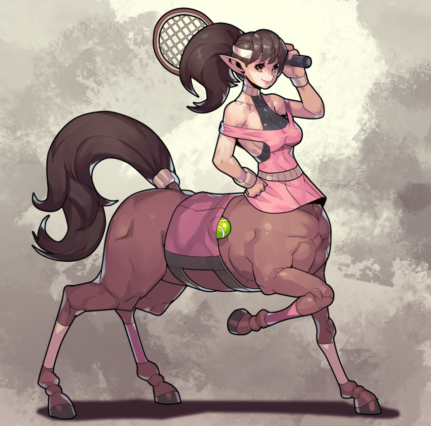 2019 absurd_res ball breasts brown_body brown_fur brown_hair celebrated_earl centaur equid equid_taur female fur hair hi_res hooves humanoid_pointy_ears mammal mammal_taur ponytail solo tail_wraps taur tennis_ball tennis_racket wraps