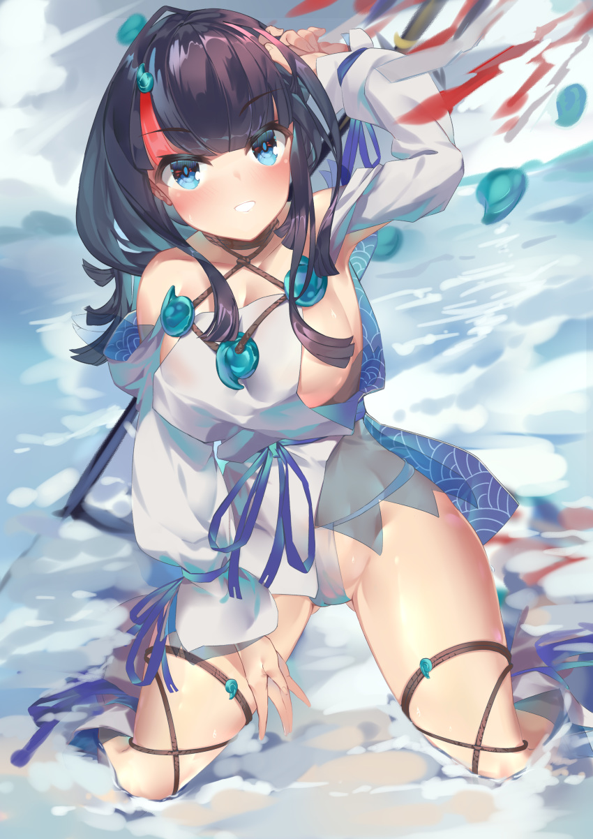 1girl absurdres bangs bare_shoulders black_hair blue_eyes blue_ribbon blue_sky blush breasts collarbone detached_leggings dress fate/grand_order fate/requiem fate_(series) fundoshi grin highres japanese_clothes jewelry kneeling large_breasts long_sleeves looking_at_viewer magatama magatama_hair_ornament medium_hair multicolored_hair necklace pelvic_curtain pink_hair polearm puffy_long_sleeves puffy_sleeves ribbon rl_(ruoli) short_dress sideboob sideless_outfit sky smile spear streaked_hair thighs utsumi_erise water weapon white_dress white_legwear