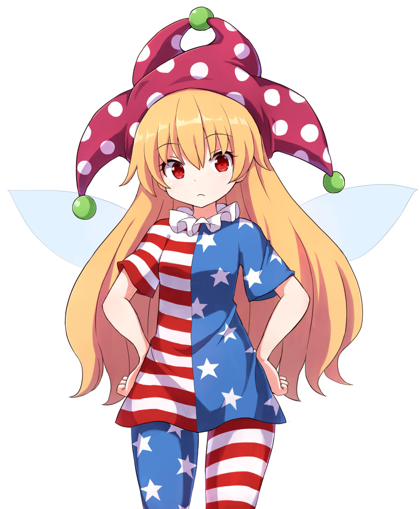 1girl absurdres american_flag_dress american_flag_legwear bangs blonde_hair blue_dress blue_legwear clownpiece cowboy_shot dress eyebrows_visible_through_hair fairy_wings hair_between_eyes hands_on_hips hat highres jester_cap long_hair looking_at_viewer neck_ruff pantyhose polka_dot polka_dot_headwear purple_headwear red_dress red_eyes red_legwear rizento short_dress short_sleeves simple_background solo star_(symbol) star_print striped striped_dress striped_legwear touhou very_long_hair white_background white_dress white_legwear wings