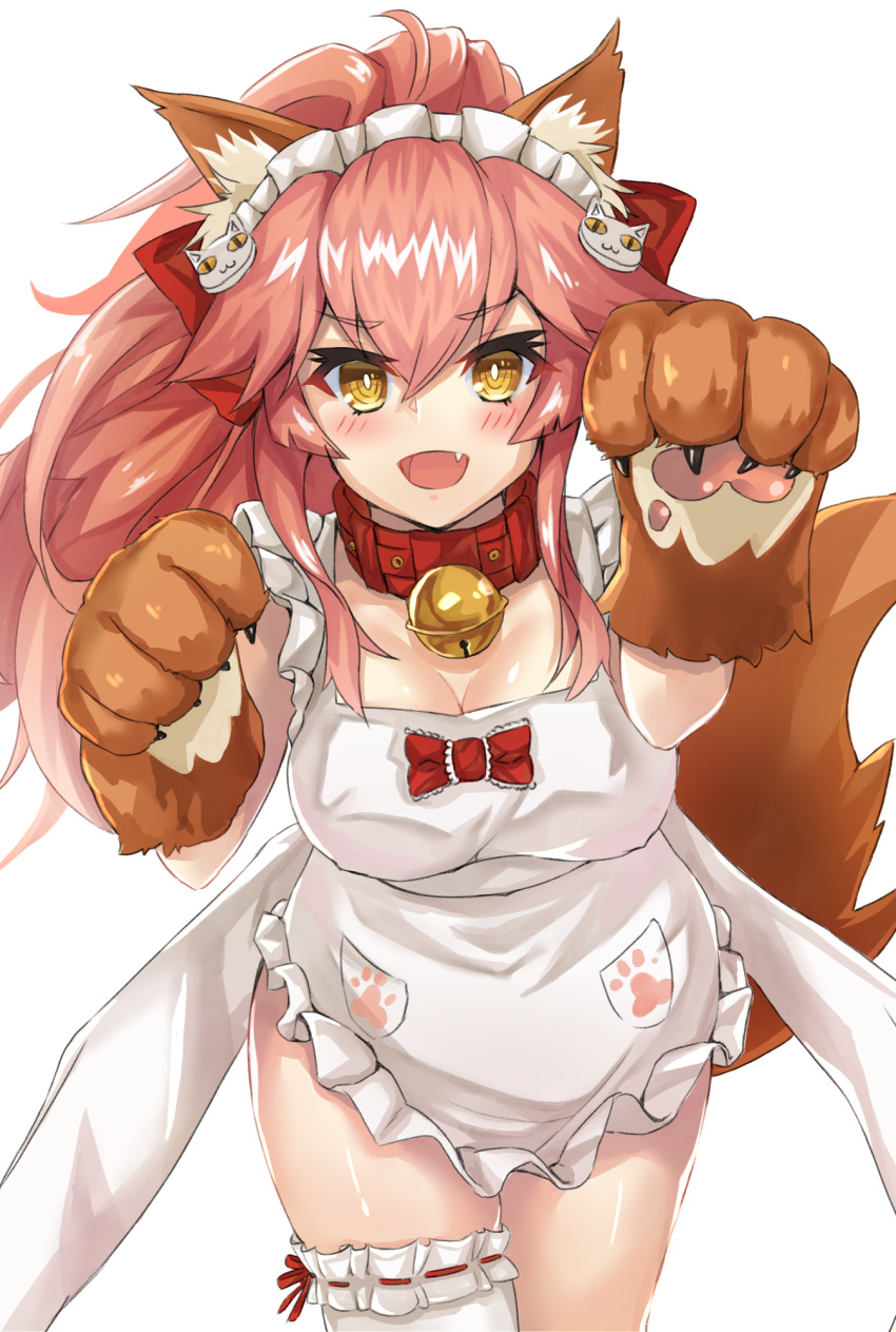 1girl animal_ear_fluff animal_ears apron bell bell_collar blush breasts cat_hair_ornament cat_paws cleavage collar eyebrows_visible_through_hair fangs fate/grand_order fate_(series) fox_ears fox_girl fox_tail frilled_apron frills gloves hair_ornament hair_ribbon highres jingle_bell large_breasts long_hair naked_apron nearly_naked_apron open_mouth paw_gloves paws pink_hair ponytail red_ribbon ribbon simple_background solo tail tamamo_(fate)_(all) tamamo_cat_(fate) white_apron white_background yahan_(mctr5253) yellow_eyes