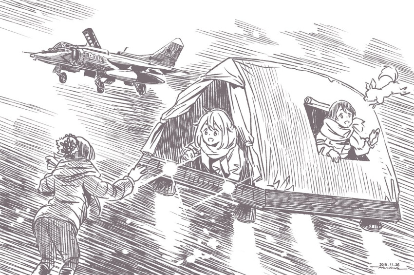 3girls :d aircraft airplane beanie character_request chikuwa_(yurucamp) coat dated dog fighter_jet floating greyscale hat horikou jet long_sleeves military military_vehicle monochrome multiple_girls open_mouth real_life scarf signature smile soviet soviet_union yak-38 yurucamp