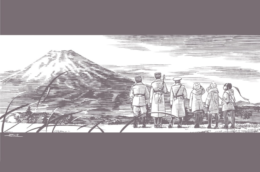 3boys 3girls beanie brown_theme dated floating_hair from_behind gun hat horikou inuyama_aoi kagamihara_nadeshiko letterboxed long_hair military military_jacket military_uniform monochrome mount_fuji multiple_boys multiple_girls oogaki_chiaki outdoors real_life rifle signature soldier soviet_union standing twintails uniform very_long_hair weapon yurucamp