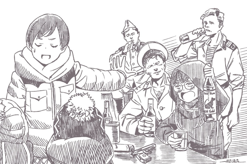 3boys 4girls alcohol beanie bottle brown_theme character_request closed_eyes coat dated dog_tags drinking drunk from_behind glasses hat horikou long_sleeves military military_jacket military_uniform monochrome multiple_boys multiple_girls peaked_cap real_life shima_rin short_hair signature smile soldier soviet soviet_union sweatdrop uniform yurucamp