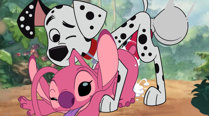 101_dalmatian_street 101_dalmatians 2020 4_fingers absurd_res alien angel_(lilo_and_stitch) antennae_(anatomy) balls big_balls big_penis black_eyes black_nose canid canine canis claws collar collar_only crossover dalmatian disney domestic_dog duo dylan_(101_dalmatians) experiment_(lilo_and_stitch) female feral fingers fur genitals hi_res huge_penis hypergal leaking_pussy lilo_and_stitch male male/female mammal one_eye_closed outside penis pink_antennae pink_body pink_fur purple_claws purple_tongue red_collar screencap screencap_background spots tongue tongue_out white_body white_fur