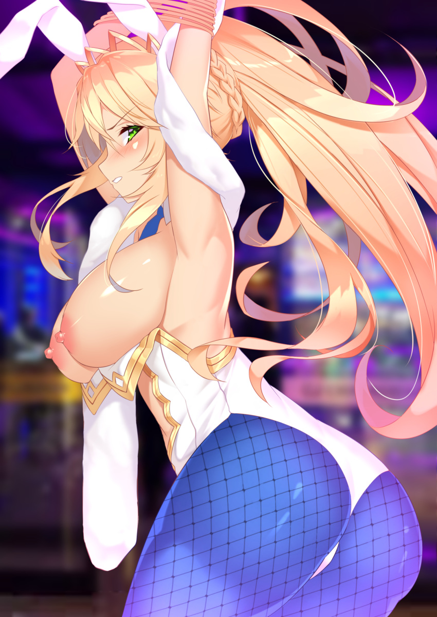 1girl ahoge animal_ears armpits arms_up artoria_pendragon_(all) artoria_pendragon_(swimsuit_ruler)_(fate) ass bangs blonde_hair blue_legwear blue_neckwear blush bound bound_arms braid breasts breasts_outside bunny_ears bunnysuit clenched_teeth detached_collar fate/grand_order fate_(series) feather_boa fishnet_legwear fishnets french_braid green_eyes hair_between_eyes highleg highleg_leotard highres large_breasts leotard leotard_pull long_hair looking_at_viewer navel navel_cutout necktie nipples ponytail sidelocks teeth thighs tiara white_leotard wrist_cuffs yuruto