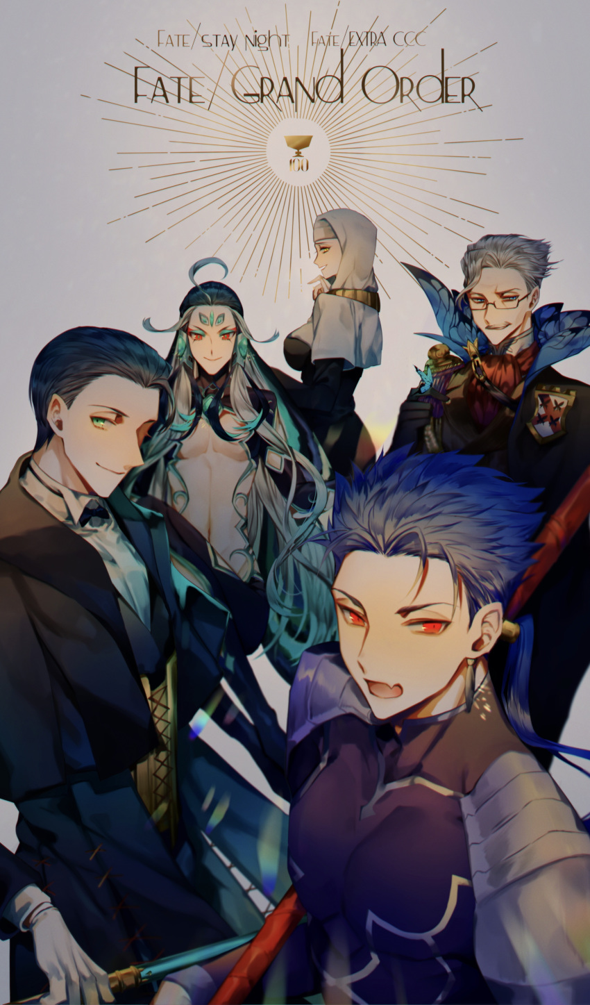 1girl 4boys absurdres ahoge albino_(a1b1n0623) bangs black_hair blue_eyes blue_hair blush breasts bug butterfly cane chest copyright_name cu_chulainn_(fate)_(all) earrings english_text eyeshadow fabulous facial_hair facial_mark fang fate/extra fate/extra_ccc fate/grand_order fate/stay_night fate_(series) forehead_jewel forehead_mark formal gae_bolg glasses gloves green_eyes grey_hair hair_slicked_back highres holding holy_grail_(fate) insect jacket james_moriarty_(fate/grand_order) jewelry lancer large_breasts light_smile long_hair long_sleeves looking_at_viewer makeup male_focus multicolored_hair multiple_boys mustache navel number nun open_mouth parted_bangs polearm ponytail qin_shi_huang_(fate/grand_order) red_eyes revealing_clothes sesshouin_kiara sherlock_holmes_(fate/grand_order) shiny shiny_hair short_hair smile smirk spear tight two-tone_hair upper_body very_long_hair vest weapon white_hair white_headwear yellow_eyes