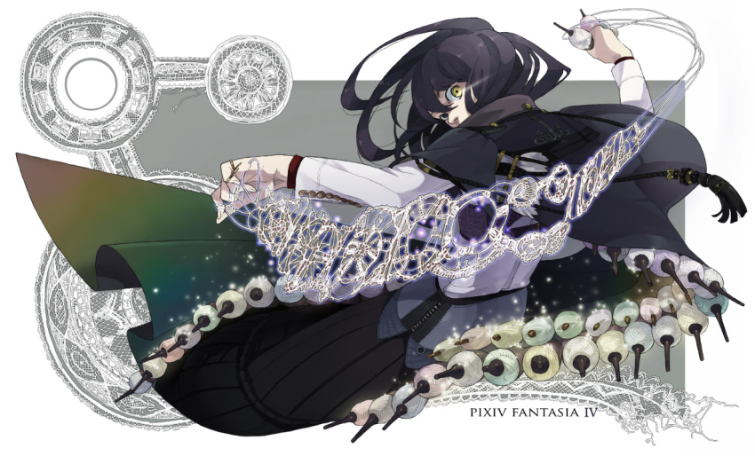 1boy androgynous copyright_name glowing glowing_eye heterochromia holding long_hair looking_at_viewer looking_back magic male_focus nishihara_isao pixiv_fantasia pixiv_fantasia_4 purple_eyes purple_hair solo spool string thread yellow_eyes