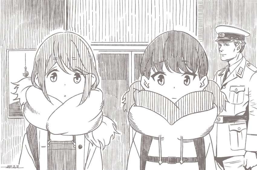 1boy 2girls :| belt breast_pocket character_request closed_mouth coat dated greyscale hat horikou long_sleeves looking_at_viewer military military_jacket military_uniform monochrome multiple_girls pants parted_lips peaked_cap pocket real_life scarf signature soldier soviet soviet_army soviet_union twintails uniform winter_clothes winter_coat yurucamp