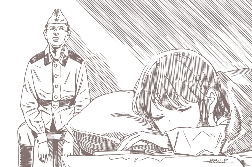 bed_sheet boots brown_theme closed_eyes dated horikou long_sleeves lying military military_jacket military_uniform monochrome on_stomach parted_lips pillow real_life shima_rin signature sitting sleeping sleeping_upright soldier soviet soviet_army soviet_union under_covers uniform yurucamp