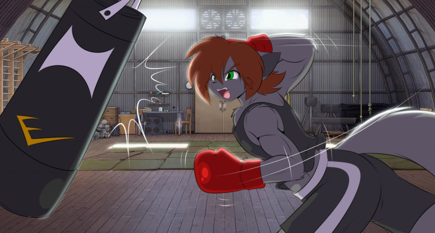 angry anthro boxing_gloves brown_hair clothing green_eyes gym hair handwear male mastergodai open_mouth punch punching punching_bag solo sportswear