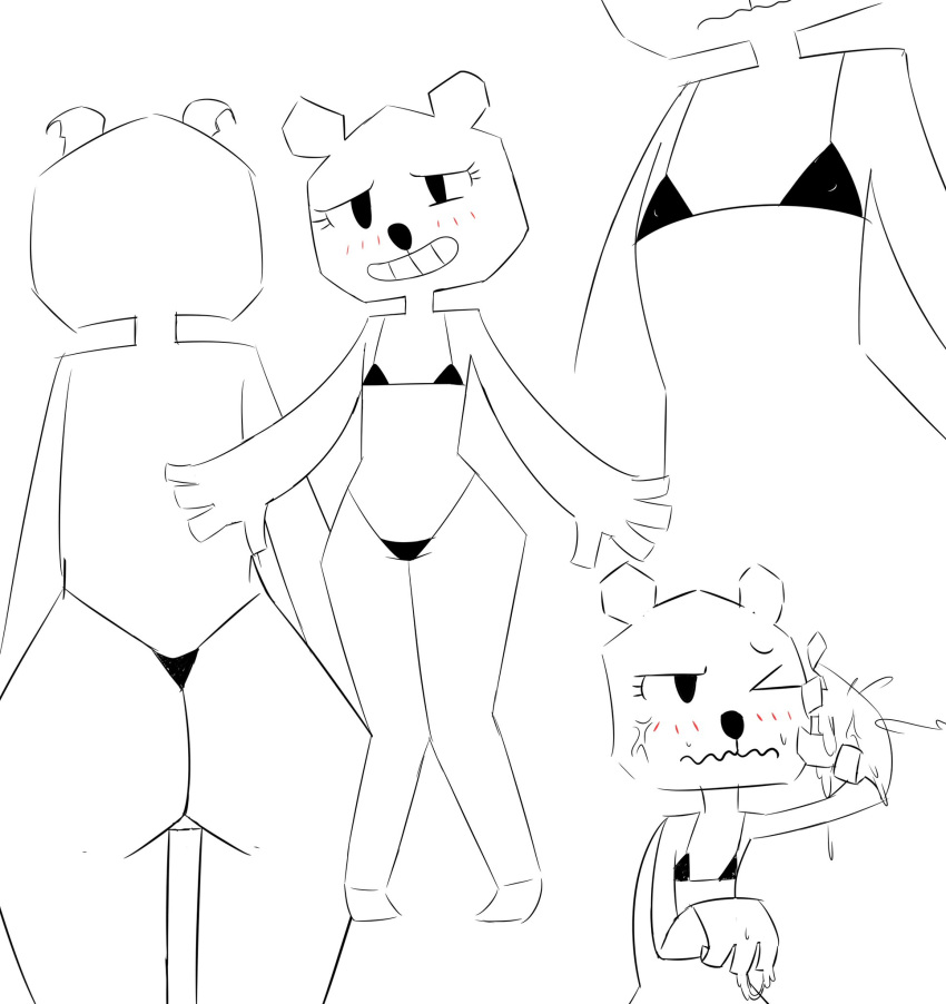 anthro big_butt bikini bikini_bottom bikini_top blush bra butt cartoon_network clothed clothing female flat_chested foxart950 hi_res looking_at_viewer mammal narrowed_eyes nervous one_eye_closed panties paper shy simple_background smile solo standing swimwear teeth teri_(tawog) the_amazing_world_of_gumball thick_thighs underwear ursid water white_background wide_hips