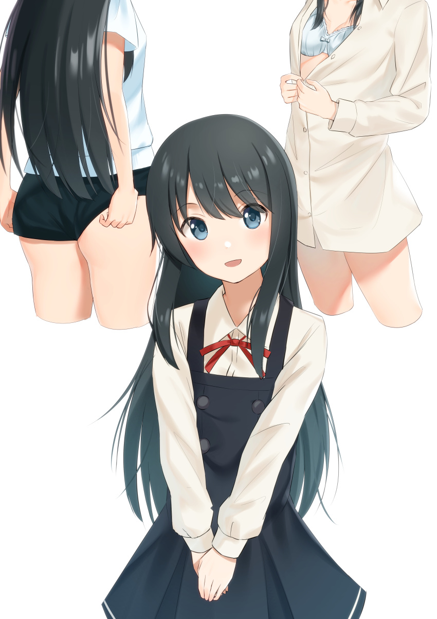 1girl absurdres asashio_(kantai_collection) ass black_dress black_hair black_shorts blue_bra blue_eyes bra breasts buttons dress dress_shirt hands_together highres kantai_collection long_hair no_pants open_clothes open_shirt pinafore_dress school_uniform shirt short_shorts shorts shorts_tug simple_background small_breasts smile solo thighs tsunenorip unbuttoned underwear undressing v_arms white_background white_shirt