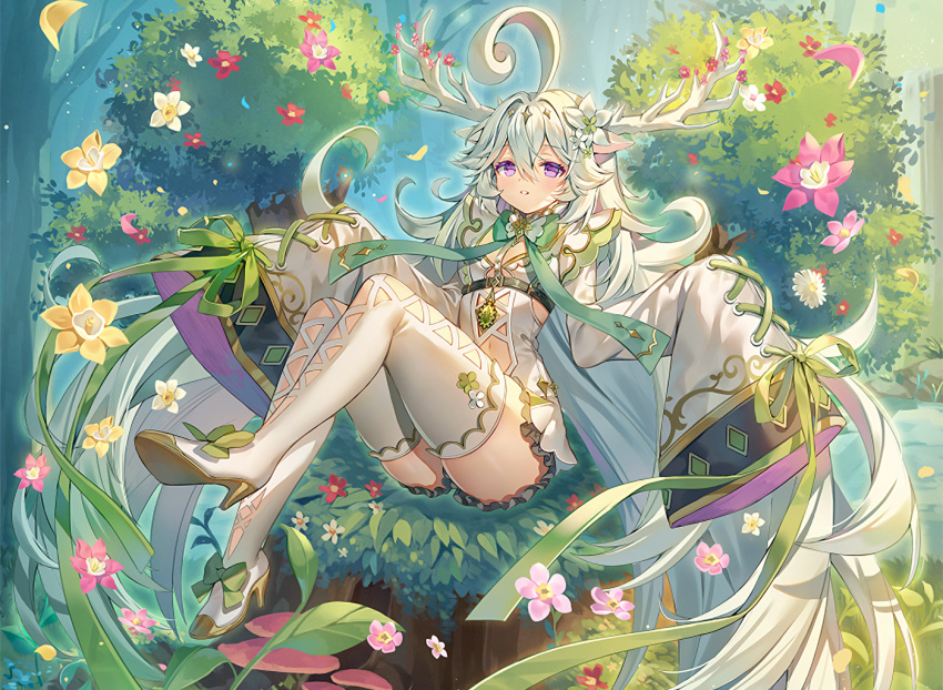 animal_ears boots bow cropped dress flowers forest green_hair horns leaves long_hair navel purple_eyes ribbons thighhighs tree valkyrie_connect waifu2x yeonwa