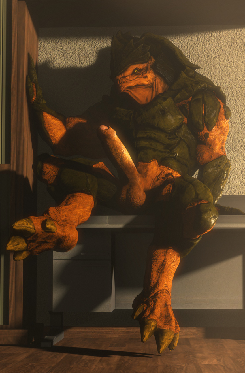 alien balls big_balls big_penis desk erection furniture genitals hi_res huge_penis inviting krogan male mass_effect muscular muscular_male penis pose rooking sitting solo uncut video_games