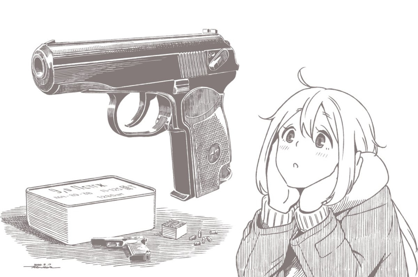 1girl brown_theme bullet character_request coat cyrillic dated daydream gun handgun horikou kagamihara_nadeshiko long_hair long_sleeves makarov_pm monochrome parted_lips pistol real_life russian_text scarf signature simple_background solo soviet soviet_union translation_request weapon weapon_request white_background yurucamp