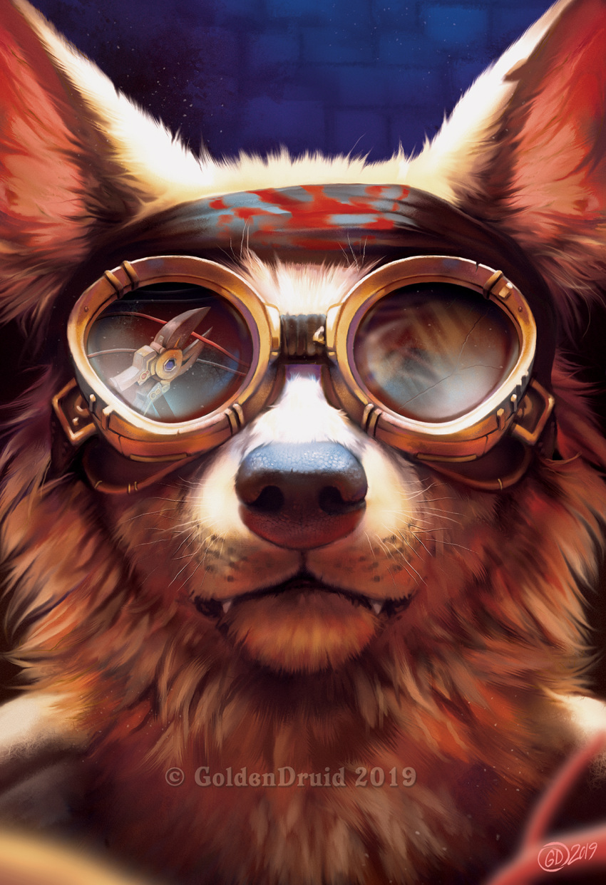 2019 ambiguous_gender anthro black_nose canid canine cheek_tuft cute_fangs detailed digital_media_(artwork) digital_painting_(artwork) eyewear facial_tuft fur goggles goldendruid headshot_portrait hi_res light lighting mammal portrait signature solo tan_body tan_fur teeth tuft watermark whisker_spots whiskers