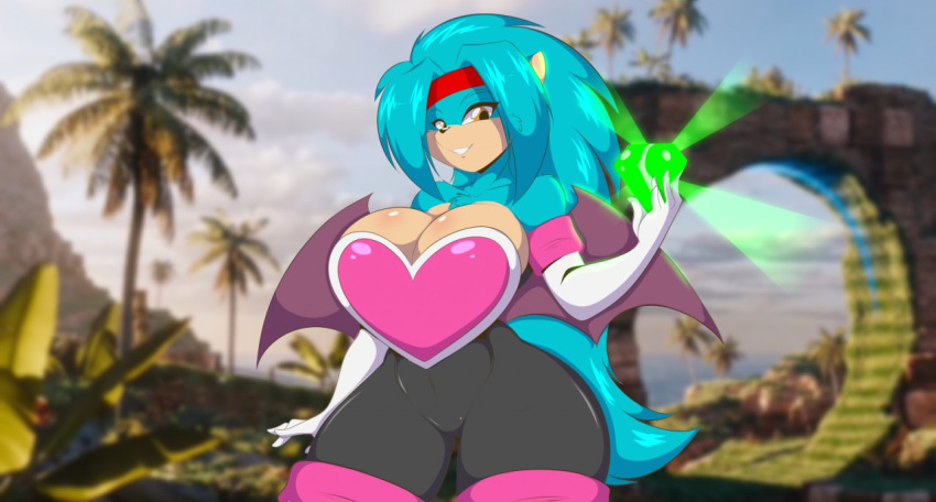 anthro breasts chaos_emerald cleavage clothed clothing echidna female gem green_hill_zone looking_at_viewer mammal mastergodai monotreme rouge_the_bat solo sonic_the_hedgehog_(series) wings