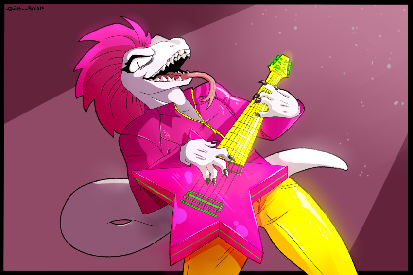 3:2 anonymous_artist anthro black_claws bottomwear claws clothing eyelashes female flat_chested grin guitar hair hi_res musical_instrument open_mouth pants pink_hair pink_jacket playing_guitar playing_music plucked_string_instrument pupils reptile rhizza_(la_ninya) rocking_out scalie sharp_teeth slit_pupils smile solo spotlight standing string_instrument teeth tongue tongue_out white_body yellow_bottomwear yellow_clothing yellow_pants zipper