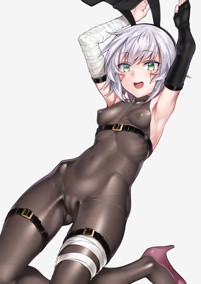 1girl :d absurdres animal_ears arm_belt armpits arms_up ass_visible_through_thighs bandaged_arm bandages bangs bare_shoulders black_gloves black_legwear blush bodysuit breasts bunny_ears bunny_pose cameltoe chest_belt covered_navel covered_nipples elbow_gloves eyebrows_visible_through_hair facial_scar fantia_reward fate/apocrypha fate_(series) fingerless_gloves gloves green_eyes high_heels highres jack_the_ripper_(fate/apocrypha) kneeling looking_at_viewer open_mouth orochi_itto paid_reward pantyhose purple_footwear ribs scar scar_across_eye scar_on_cheek short_hair simple_background single_elbow_glove single_glove skin_tight small_breasts smile solo thigh_strap thighs tight upper_teeth white_hair