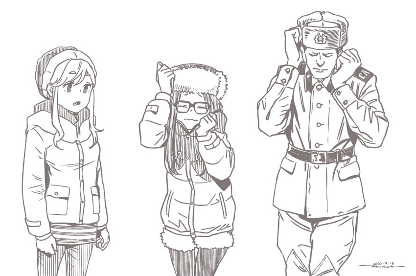 1boy 2girls brown_theme character_request closed_eyes closed_mouth coat dated eyebrows_visible_through_hair fur-trimmed_shorts fur_hat fur_trim glasses hat horikou inuyama_aoi long_sleeves military military_jacket military_uniform monochrome multiple_girls oogaki_chiaki pants pantyhose parted_lips real_life shorts sidelocks signature simple_background soldier soviet soviet_army soviet_union uniform ushanka white_background yurucamp