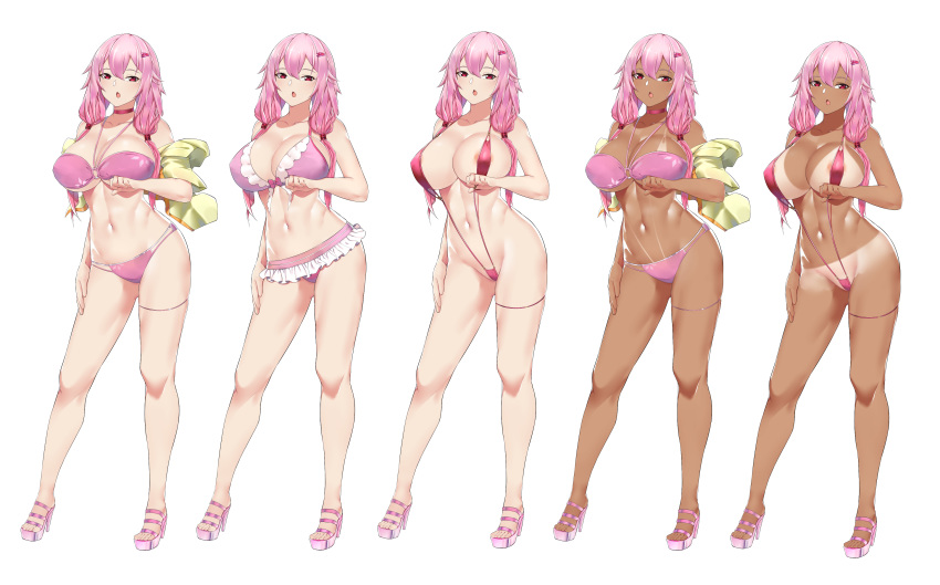5girls absurdres alternate_breast_size areolae bangs bikini bikini_tan breast_lift breasts choker collarbone commission contrapposto costume_chart dark_skin frilled_bikini frills full_body gradient guilty_crown hair_between_eyes hair_ornament hair_over_shoulder hairclip hand_on_own_thigh high_heels highres jacket kaiend large_breasts long_hair looking_at_viewer low_twintails micro_bikini multiple_girls navel o-ring o-ring_bikini o-ring_top off_shoulder pale_skin pink_bikini pink_choker pink_footwear pink_hair platform_footwear purple_bikini red_bikini red_eyes sandals slingshot_swimsuit standing swimsuit tan tanline thigh_strap twintails yellow_jacket yuzuriha_inori