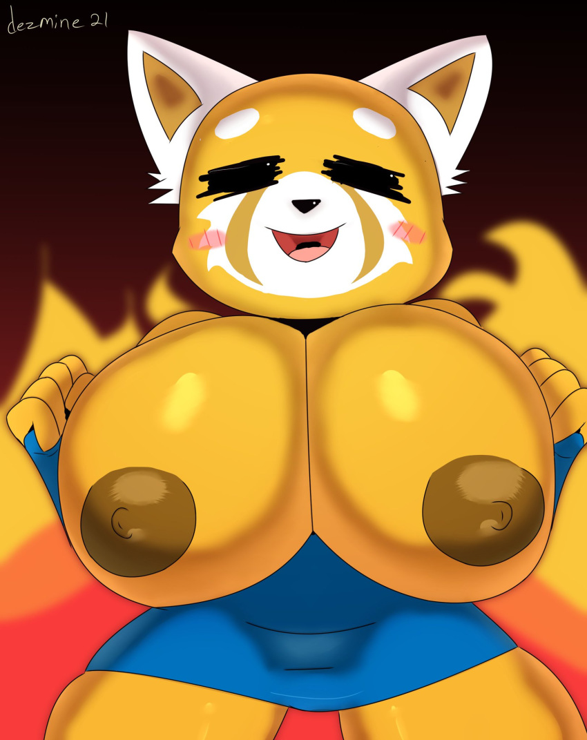 aggressive_retsuko ailurid anthro big_breasts blush breasts clothed clothing dezmine21 eyes_closed female fire flashing fur hi_res huge_breasts mammal nipples open_mouth partially_clothed presenting red_panda retsuko sanrio smile solo standing thick_thighs tongue topless undressing wide_hips