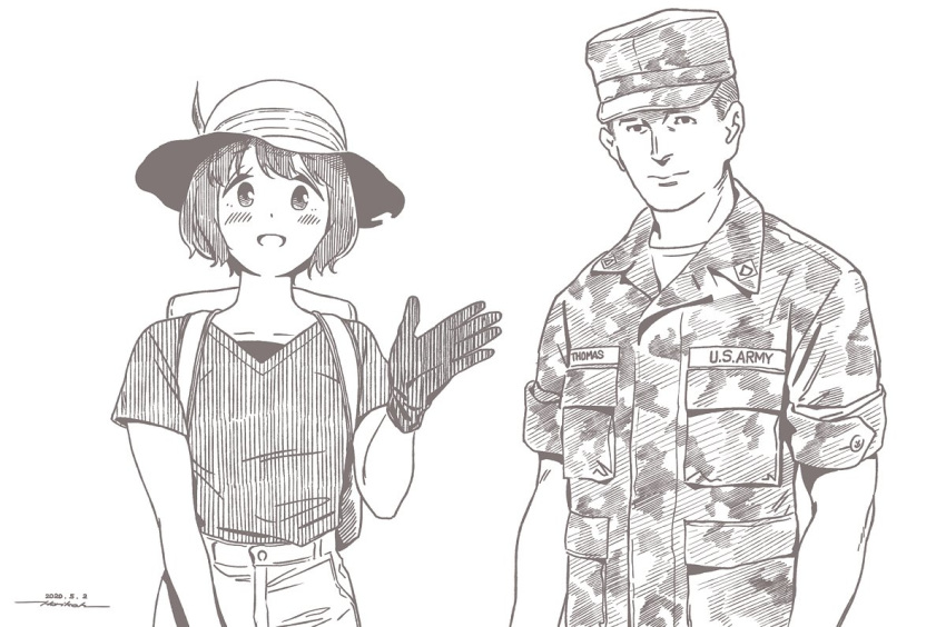 1boy 1girl :d backpack bag blush brown_theme closed_mouth cosplay dated english_text gloves hat hat_feather horikou kaban_(kemono_friends) kaban_(kemono_friends)_(cosplay) kemono_friends looking_at_viewer military military_hat military_uniform monochrome open_mouth original pants real_life shima_saki shirt signature simple_background smile uniform united_states_army white_background yurucamp