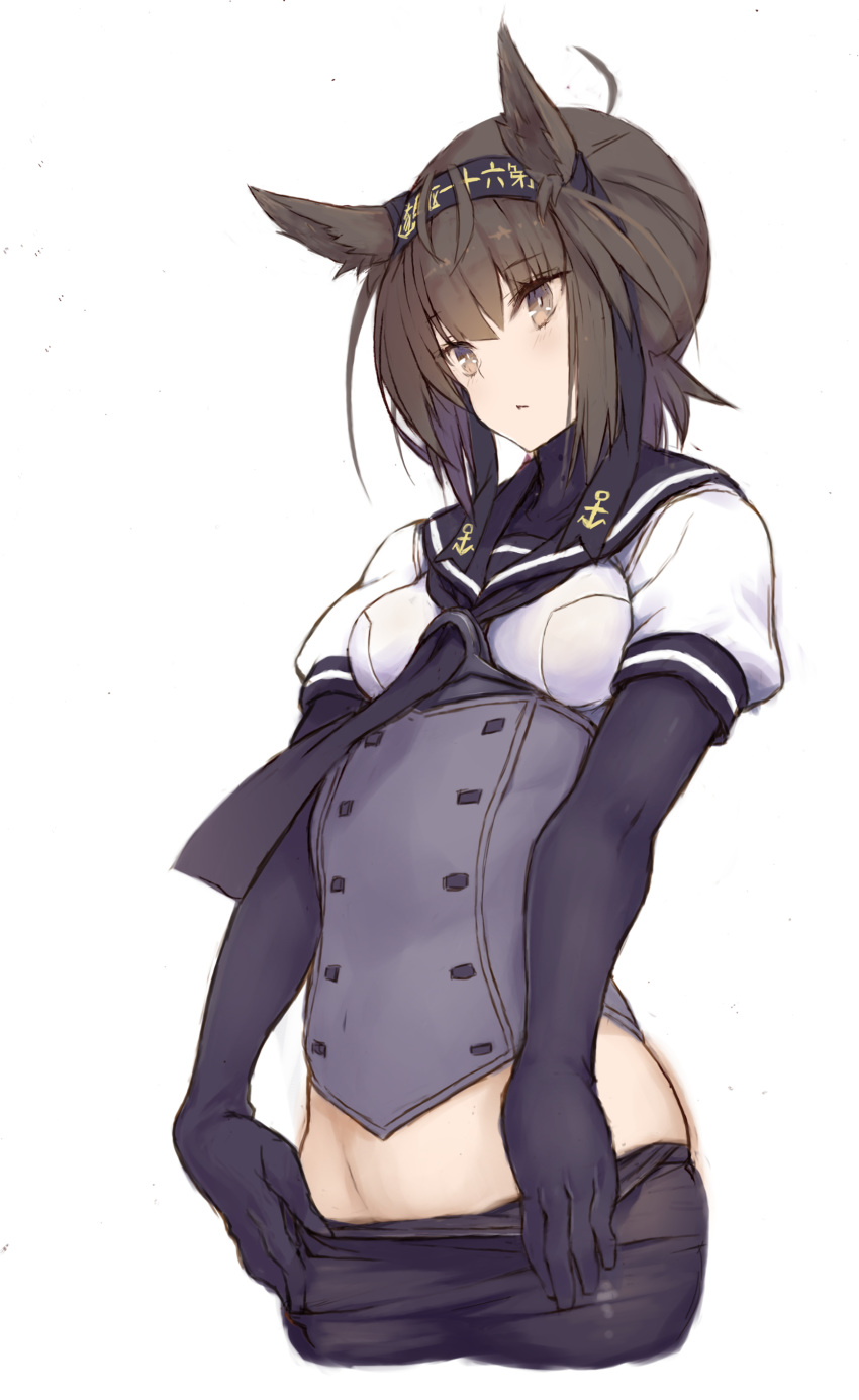 1girl absurdres black_gloves blush breasts brown_eyes brown_hair gloves goekawa hachimaki hair_flaps hairband hatsuzuki_(kantai_collection) headband highres kantai_collection neckerchief pantyhose pantyhose_pull school_uniform serafuku short_hair short_sleeves simple_background small_breasts solo white_background