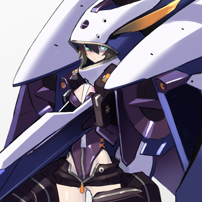 1girl advance_of_zeta bag brown_hair commentary_request full_body green_eyes gundam highres kehaar_ii looking_at_viewer mecha_musume nadare-san_(nadare3nwm) shield short_shorts shorts solo thighhighs tr-6_woundwort unzipped white_background zipper