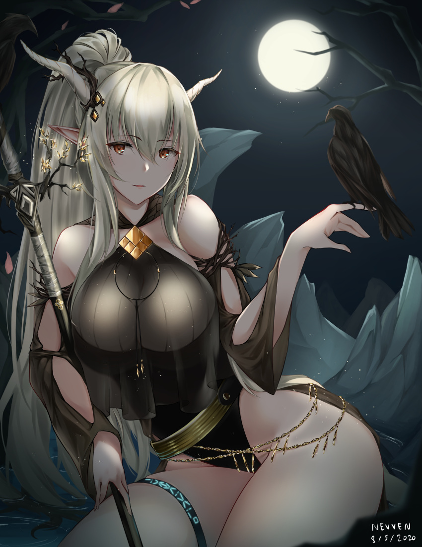 1girl absurdres arknights artist_name bare_legs bare_tree bird bird_on_finger black_swimsuit breasts closed_mouth commentary crow dated demon_horns eyebrows_visible_through_hair full_moon hair_between_eyes highres horns jewelry large_breasts light_smile lips long_hair looking_at_viewer moon nevven night one-piece_swimsuit outdoors pointy_ears ponytail red_eyes shining_(arknights) silver_hair sitting smile solo staff swimsuit thick_thighs thigh_strap thighs tree