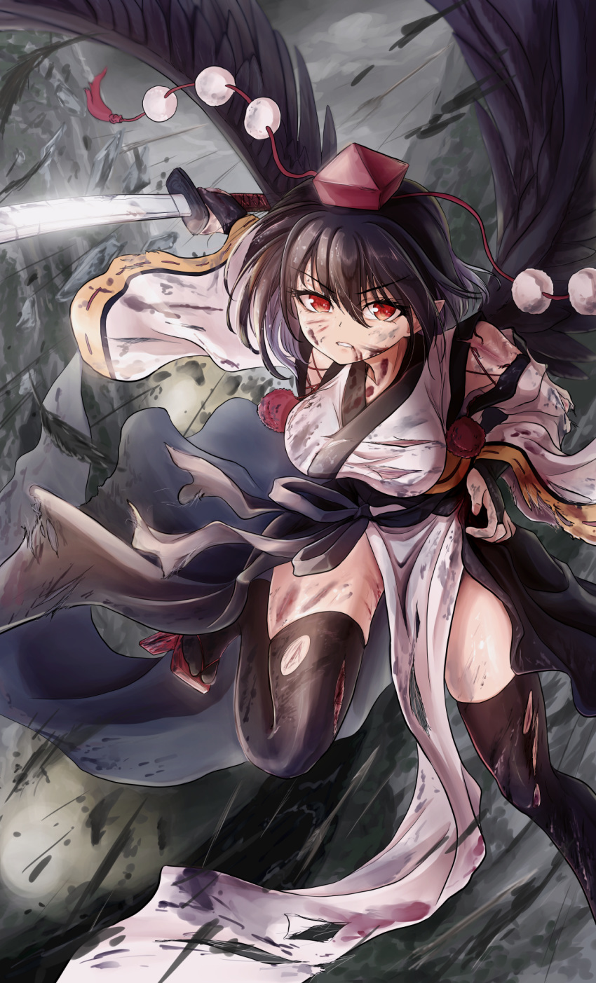 1girl arm_behind_back arm_up bird_wings black_hair black_wings breasts bridal_gauntlets bruise bruise_on_face commentary_request cuts debris detached_sleeves expressionless feathered_wings folded_leg geta grey_sky hair_between_eyes hat highres holding holding_sword holding_weapon injury kourindou_tengu_costume large_breasts long_sleeves looking_at_viewer mountain namiki_(remiter00) outdoors parted_lips pointy_ears pom_pom_(clothes) red_eyes red_headwear shameimaru_aya short_hair solo sword tengu-geta thighhighs tokin_hat torn_clothes torn_legwear touhou weapon wide_sleeves wings
