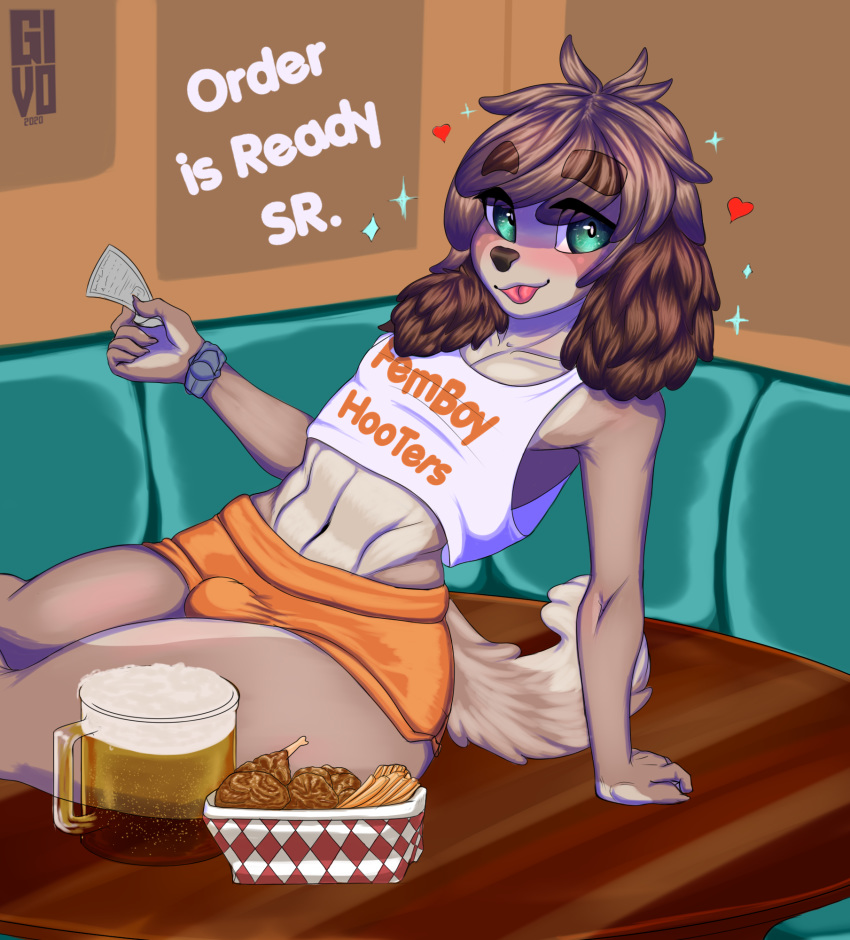 alcohol animal_crossing beer beverage blush bottomwear brown_body brown_fur bulge canid canine canis clothing dialogue digby_(animal_crossing) domestic_dog femboy_hooters food fur girly givo hi_res looking_at_viewer male mammal meme nintendo shorts slim solo tongue tongue_out video_games