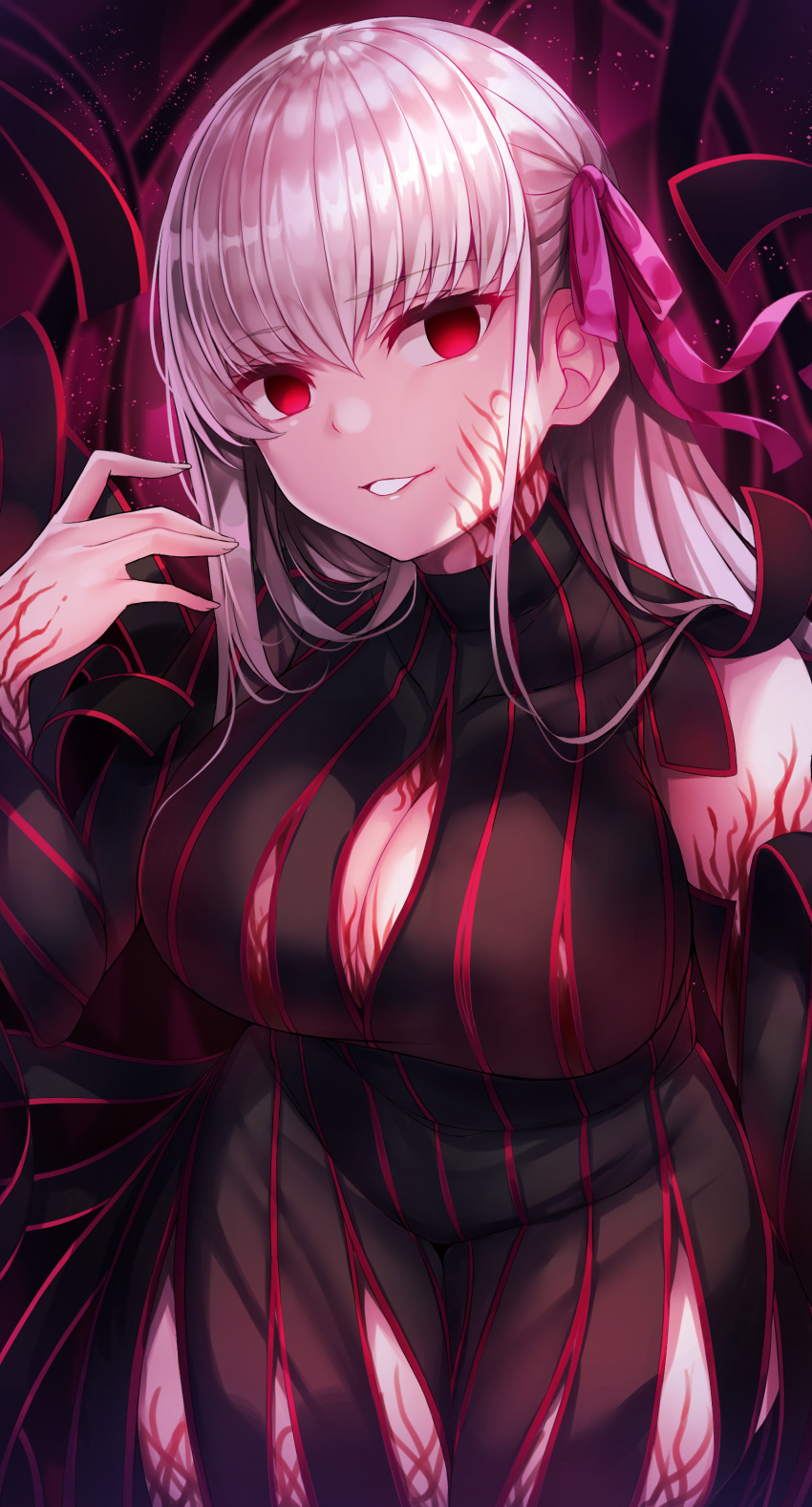 1girl absurdres bangs beeyan black_dress breasts cleavage commentary_request dark_persona dark_sakura dress eyebrows_visible_through_hair fate/stay_night fate_(series) grin hair_between_eyes hair_ribbon hand_up highres large_breasts leaning_forward long_hair long_sleeves looking_at_viewer matou_sakura parted_lips red_eyes ribbon silver_hair smile solo striped teeth vertical-striped_dress vertical_stripes