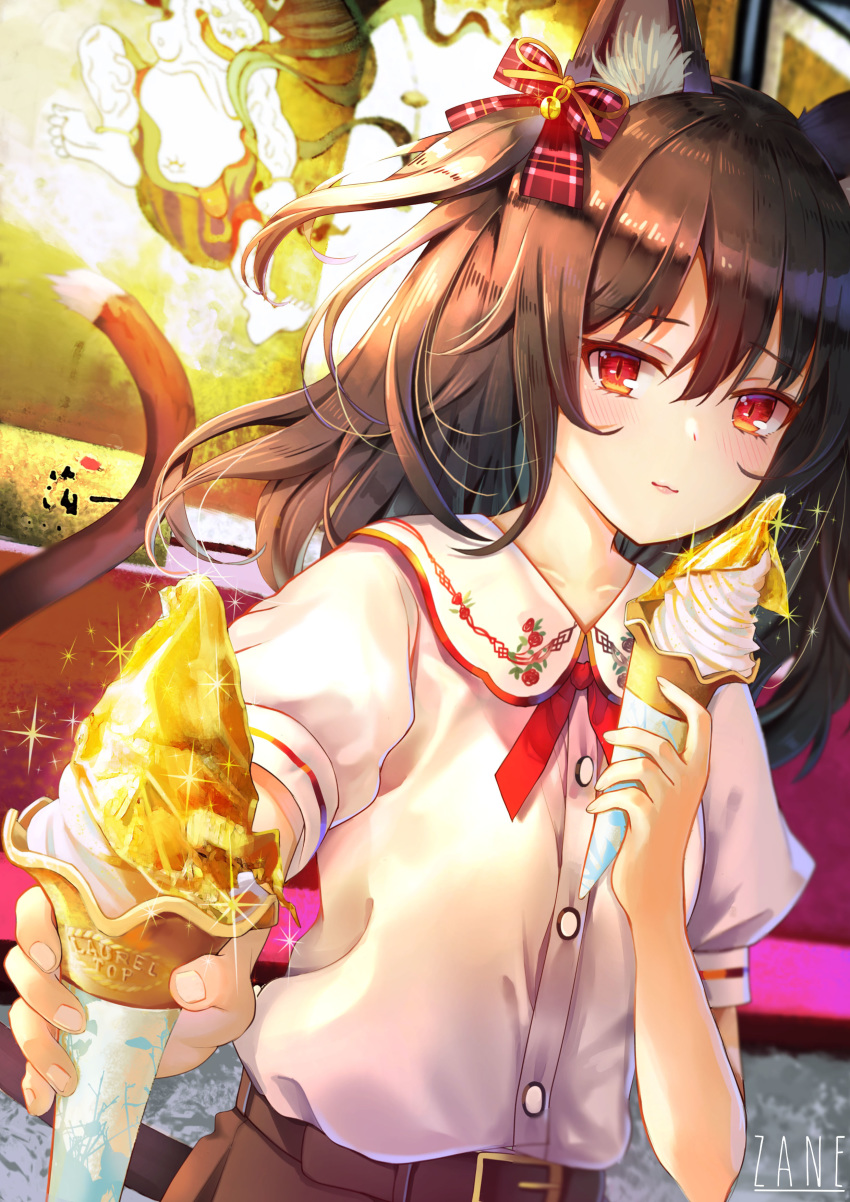 1girl absurdres animal_ears belt black_hair cat_ears cat_girl cat_tail eyebrows_visible_through_hair food hair_ribbon highres holding holding_food ice_cream ice_cream_cone original red_eyes ribbon shirt slit_pupils solo sxbzero tail wing_collar