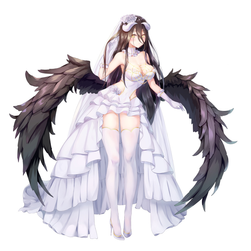 1girl absurdres ahoge albedo artist_request bare_shoulders black_hair black_wings breasts cleavage demon_girl demon_horns demon_wings dress full_body gloves hair_between_eyes highres horns large_breasts long_hair looking_at_viewer original overlord_(maruyama) simple_background slit_pupils smile solo white_background white_dress white_gloves wings yellow_eyes