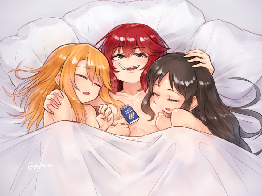 3girls after_sex blanket blonde_hair breasts brown_eyes brown_hair candy cigarette_candy closed_eyes food gojarun hand_on_another's_head hand_on_another's_shoulder highres idolmaster idolmaster_cinderella_girls long_hair medium_breasts multiple_girls murakami_tomoe open_mouth orion_cocoa_cigarettes red_hair sleeping smile tachibana_arisu topless twitter_username upper_body yuuki_haru
