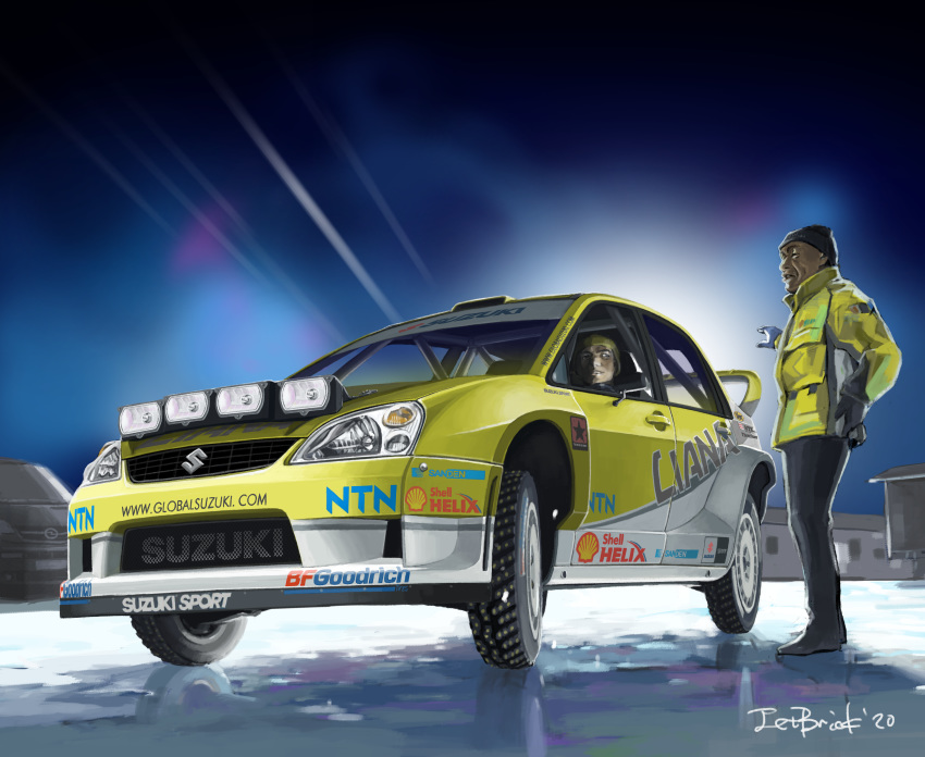 2boys absurdres artist_name car gloves grey_gloves ground_vehicle highres huge_filesize jacket jettoburikku looking_to_the_side motor_vehicle multiple_boys old_man original pointing rally_car spoiler_(automobile) suzuki_liana_aerio vehicle_focus yellow_jacket