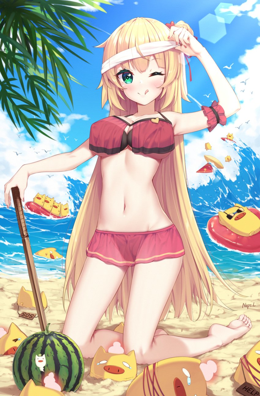 1girl absurdres akai_haato artist_name bangs bare_arms bare_shoulders barefoot beach bikini bikini_skirt blonde_hair blue_sky blush breasts cloud collarbone commentary_request day eyebrows_visible_through_hair food fruit green_eyes hair_ornament hairband heart heart_hair_ornament highres holding hololive huge_filesize innertube kneeling large_breasts long_hair looking_at_viewer navel neps-l ocean one_eye_closed outdoors red_bikini red_nails ribbon sky smile solo surfboard surfing swimsuit tongue tongue_out virtual_youtuber water watermelon waves white_hairband