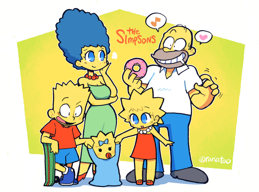 2boys 3girls =3 baby bart_simpson blue_eyes blue_hair blue_pants blue_shorts blush breasts copyright_name doughnut dress english_commentary food green_dress grin heart highres homer_simpson lisa_simpson long_hair maggie_simpson marge_simpson multiple_boys multiple_girls musical_note open_mouth orange_dress pants rariatto_(ganguri) saliva shirt shorts simple_background skateboard smile spoken_heart spoken_musical_note standing the_simpsons twitter_username white_shirt