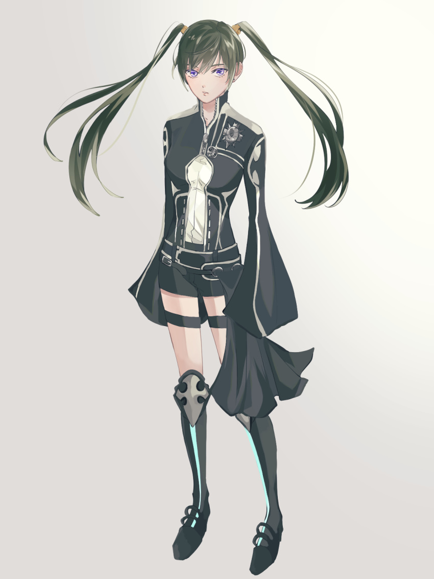 13isaco 1girl bangs black_footwear black_jacket black_shorts boots closed_mouth d.gray-man floating_hair green_hair grey_background hair_between_eyes hair_ornament highres jacket knee_boots lenalee_lee long_hair looking_at_viewer purple_eyes shiny shiny_hair short_shorts shorts sleeves_past_fingers sleeves_past_wrists solo thigh_strap twintails uniform very_long_hair