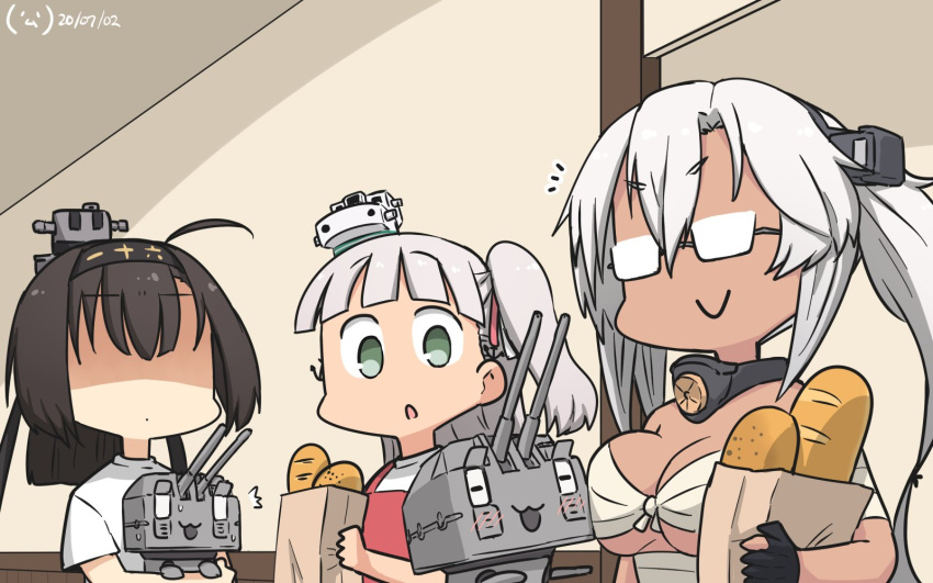 /\/\/\ 2others 3girls ahoge akizuki_(kantai_collection) alternate_costume bag bangs black_hair blunt_bangs bread breasts budget_sarashi chou-10cm-hou-chan clothes_writing commentary_request dark_skin dated detached_collar food glasses hachimaki hair_between_eyes hair_ribbon hamu_koutarou hat headband highres kantai_collection kikumon large_breasts long_hair maestrale_(kantai_collection) mini_hat multiple_girls multiple_others musashi_(kantai_collection) one_side_up open_mouth paper_bag ponytail ribbon sarashi shaded_face shirt short_hair_with_long_locks silver_hair t-shirt tan twintails two_side_up upper_body upper_teeth white_headwear white_shirt