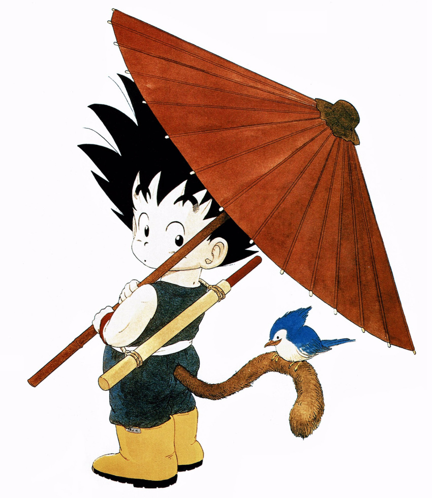 1boy :o animal bird bird_on_tail black_eyes black_hair boots commentary curious dougi dragon_ball dragon_ball_(classic) from_behind full_body highres holding holding_umbrella looking_back male_focus monkey_tail nape nyoibo official_art oriental_umbrella pale_skin simple_background son_gokuu spiked_hair surprised tail toriyama_akira umbrella white_background wide-eyed wristband yellow_footwear