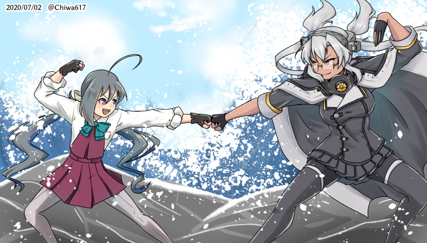 2girls ahoge black_gloves black_legwear black_skirt brown_eyes cape chiwa_(chiwa0617) commentary_request dark_skin dated fist_bump g_gundam glasses gloves grey_eyes grey_hair grey_legwear gundam hair_between_eyes hair_bun halterneck headgear highres kantai_collection kikumon kiyoshimo_(kantai_collection) long_hair low_twintails multiple_girls musashi_(kantai_collection) pantyhose partly_fingerless_gloves pleated_skirt pose remodel_(kantai_collection) school_uniform semi-rimless_eyewear shirt silver_hair skirt sleeves_rolled_up thighhighs twintails twitter_username two_side_up very_long_hair waves white_shirt