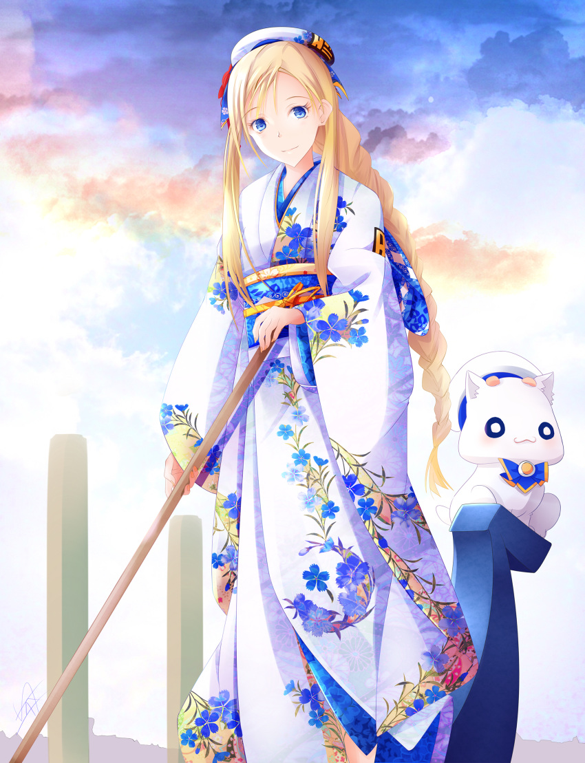 1girl absurdres alicia_florence aria aria_pokoteng bangs blonde_hair blue_eyes braid braided_ponytail closed_mouth floating_hair fudo_shin hair_between_eyes hat highres japanese_clothes kimono long_hair looking_at_viewer outdoors ponytail print_kimono solo very_long_hair white_headwear white_kimono