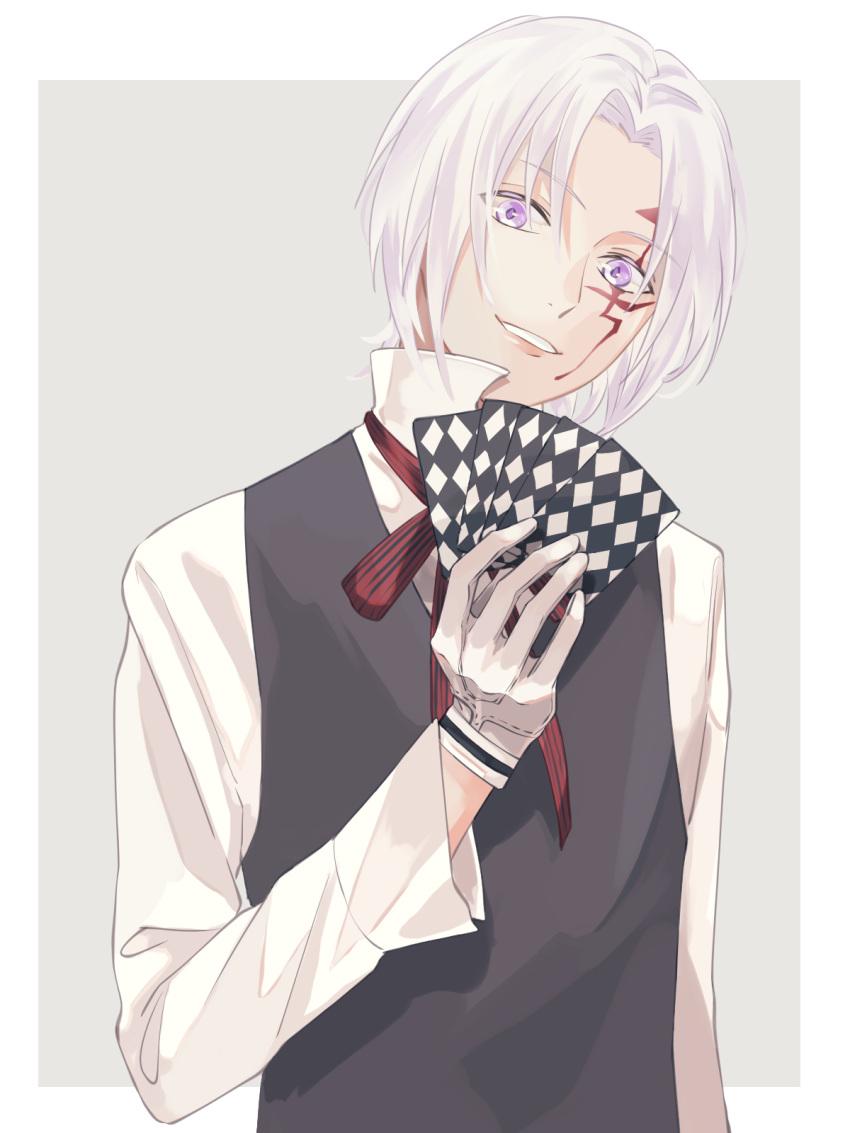 13isaco 1boy allen_walker card d.gray-man facial_mark grey_background grin hair_between_eyes hair_intakes head_tilt highres holding holding_card long_sleeves looking_at_viewer male_focus neck_ribbon purple_eyes red_ribbon ribbon shirt silver_hair smile solo striped striped_ribbon two-tone_background upper_body vest white_background white_shirt