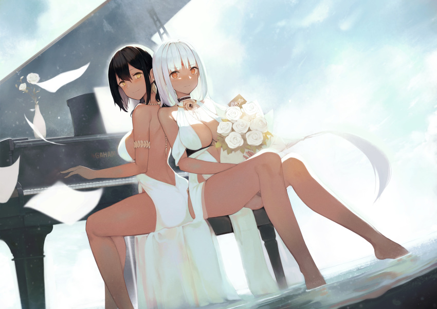 2girls absurdres armlet azur_lane backless_dress backless_outfit bangs bare_shoulders black_hair blue_sky blush bouquet breasts brown_eyes cleavage closed_mouth cloud cloudy_sky commentary dark_skin day dress earrings facial_mark flower forehead_mark full_body highres huge_filesize instrument jewelry long_hair looking_back massachusetts_(azur_lane) medium_breasts multiple_girls natsumoka outdoors partially_submerged piano piano_bench short_hair silver_hair simple_background sitting sky smile south_dakota_(azur_lane) thighs water white_dress