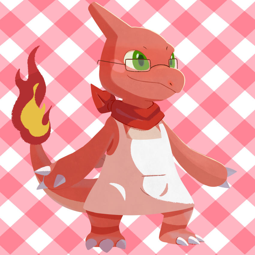 1:1 apron biped breezer_marais charmeleon claws clothing countershade_torso countershading digital_media_(artwork) eyewear feral finger_claws fire flaming_tail glasses green_eyes hi_res male mostly_nude nintendo pink_background plaid_background pok&eacute;mon pok&eacute;mon_(species) reallydarkandwindie red_body red_scarf reptile scalie simple_background solo spread_arms tan_body toe_claws video_games wanderlust white_claws