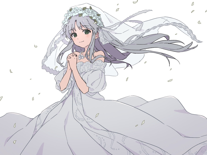 1girl bangs bare_shoulders blush bridal_veil closed_mouth cowboy_shot dress green_eyes hands_clasped head_wreath highres index interlocked_fingers jewelry long_hair looking_at_viewer necklace own_hands_together petals puffy_short_sleeves puffy_sleeves short_sleeves sidelocks silver_hair simple_background smile solo strapless strapless_dress teruya_(6w6y) to_aru_majutsu_no_index veil wedding_dress white_background