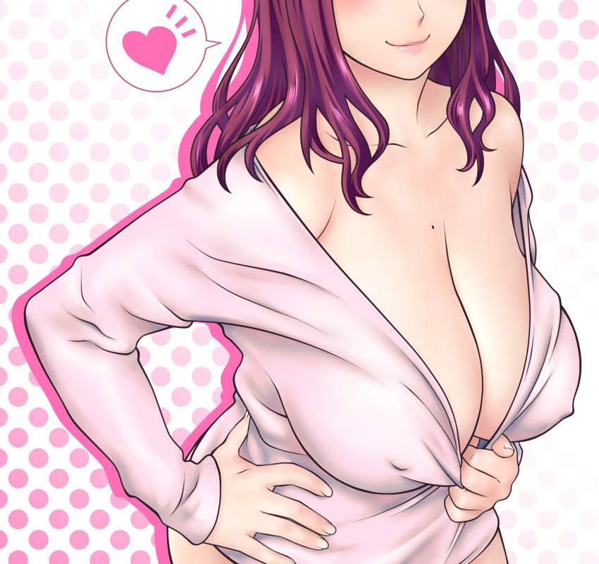 1girl bare_shoulders breasts cleavage closed_mouth collarbone commentary_request covered_nipples hand_on_hip head_out_of_frame heart highres large_breasts long_hair long_sleeves mole mole_on_breast original patterned_background pink_lips pink_shirt purple_hair shirt shirt_pull shoumaru_(gadget_box) smile