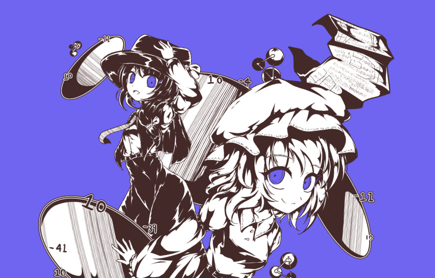 2girls belt bow closed_mouth dress hat hat_bow holding holding_hat long_sleeves looking_at_viewer low_ponytail magical_astronomy maribel_hearn medium_hair mob_cap monochrome multiple_girls necktie number open_mouth paper purple_theme quark_(particle) ribbon shen_li shirt short_hair skirt smile standing touhou usami_renko